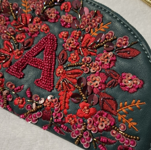 Anthropologie Anna Harlow Russo Monogram A Clutch Beaded Sequin Leather Green - Picture 6 of 12